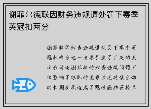 谢菲尔德联因财务违规遭处罚下赛季英冠扣两分 谢菲尔德联因财务违规遭处罚下赛季英冠扣两分